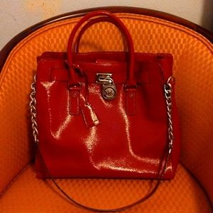 Michael Kors Red Patent Leather Large Purse With Silver Hardware